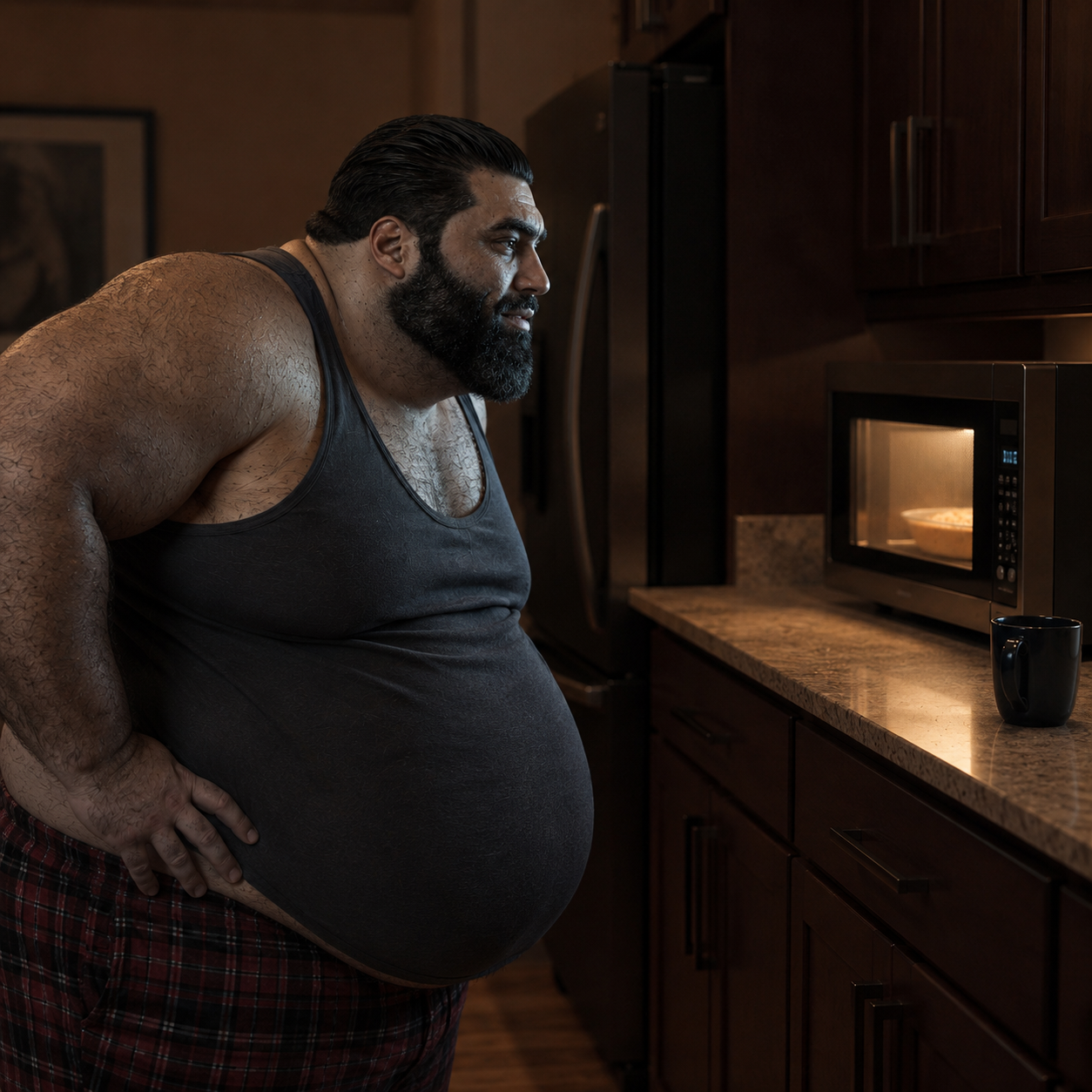 Useless Chad staring intensely at a microwave while his food heats up