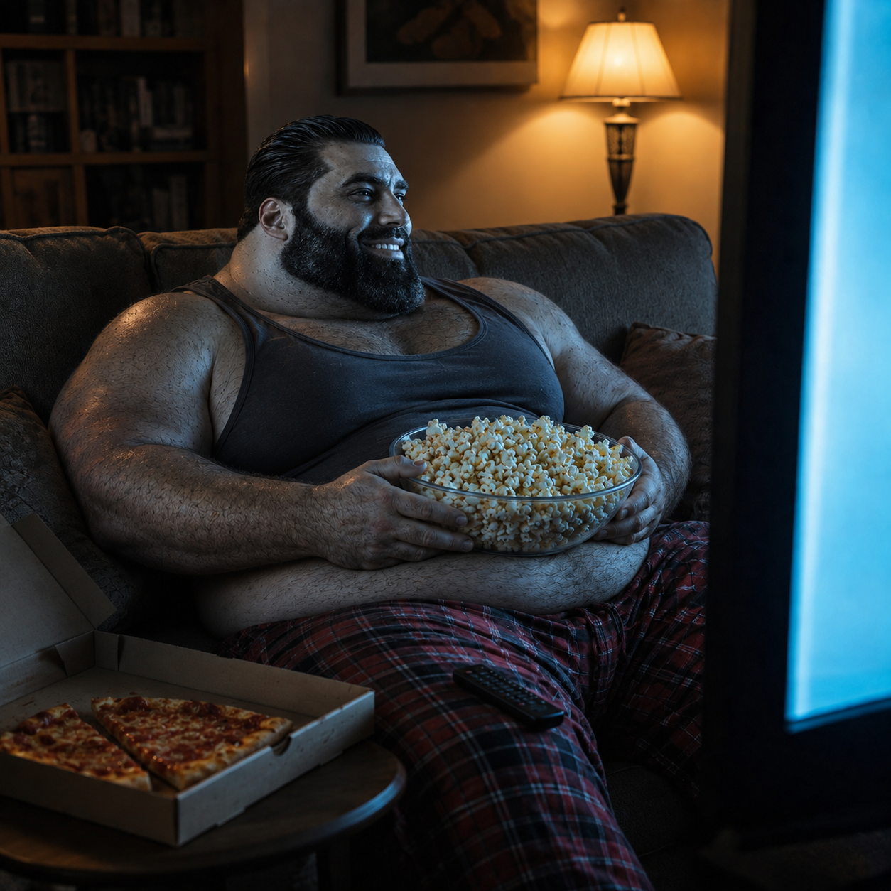 Useless Chad on the couch with a bowl of popcorn and pizza, watching TV