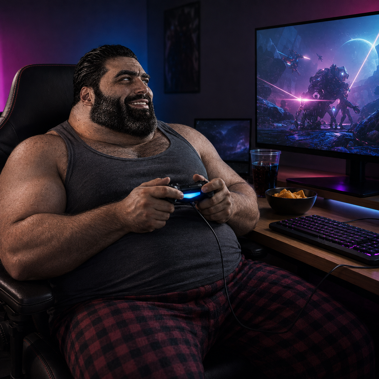 Useless Chad gaming with a controller in a neon-lit room