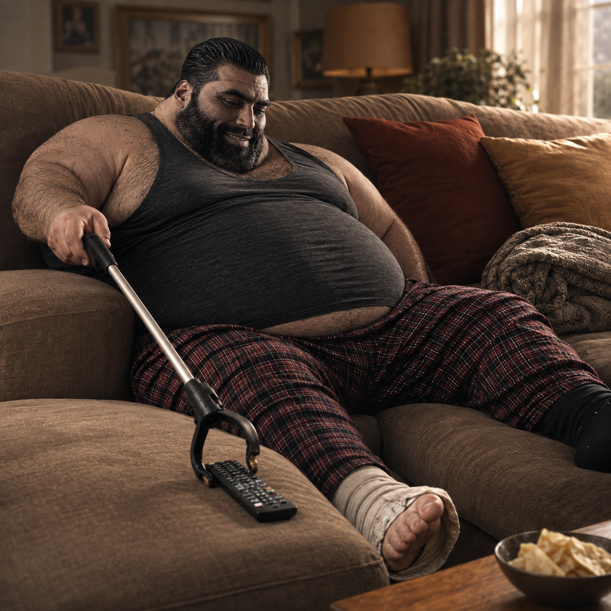 Useless Chad reaching for the remote with a grabber tool